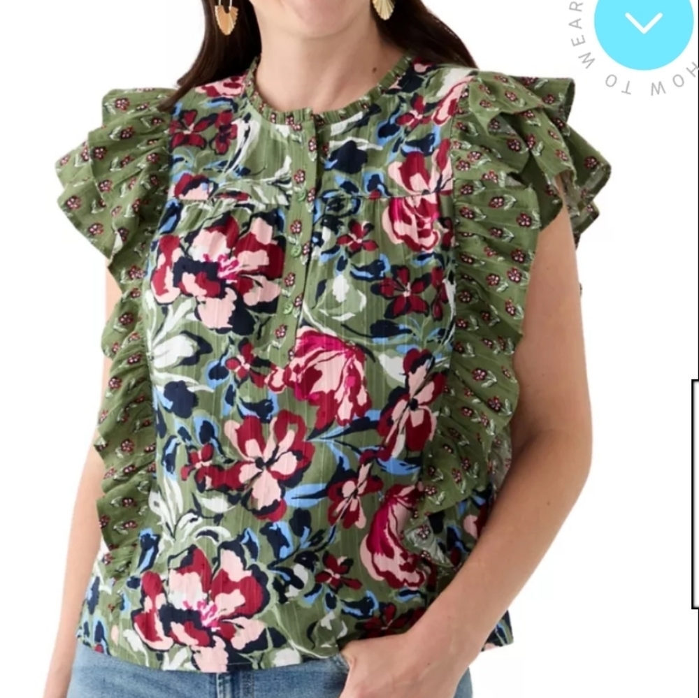 Wonderly Flutter Sleeve Henly Deep Floral Top Shirt XL Fall Cotagecore Bohemian